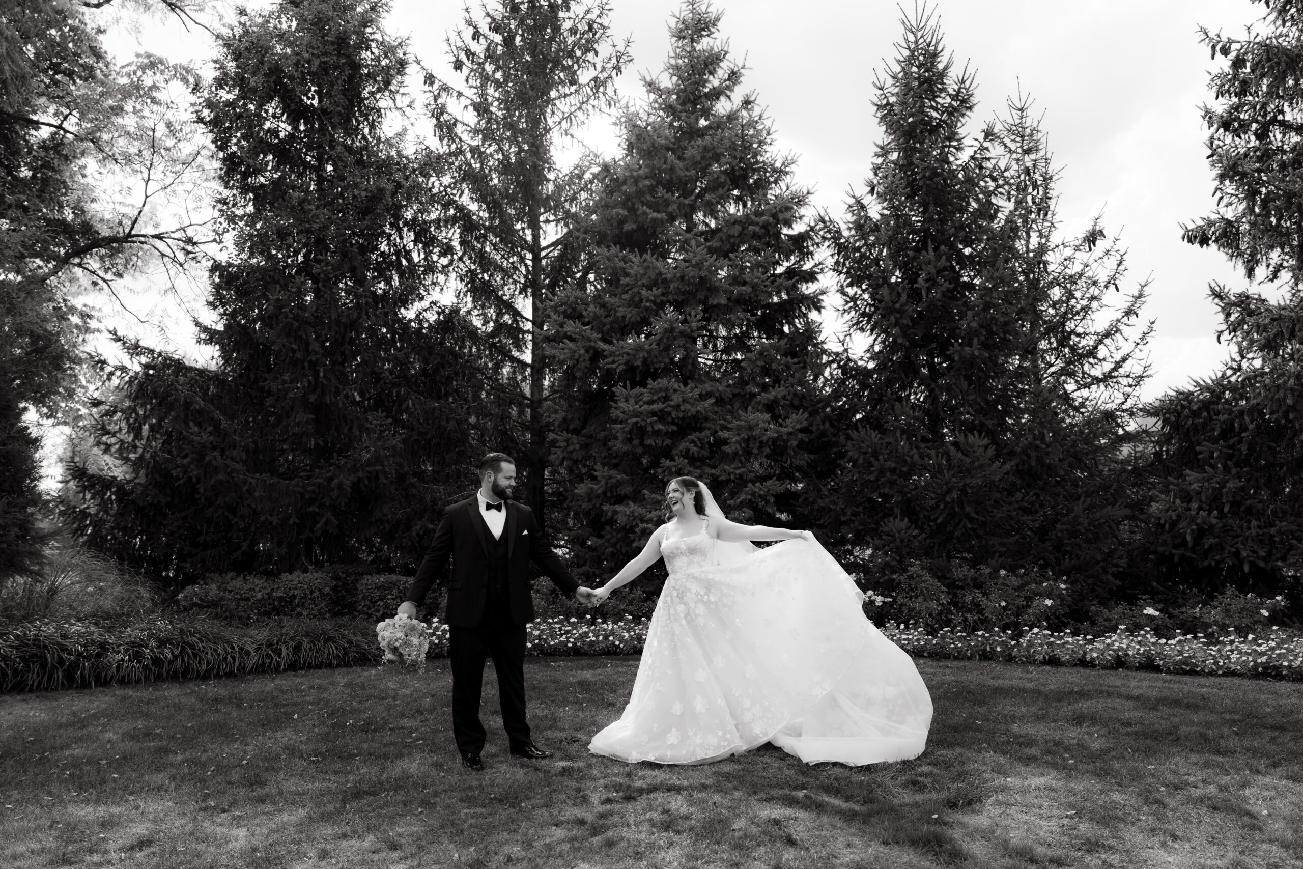 Bride and groom portraits at Ritz Charles wedding in Indianapolis Indiana with colorful florals